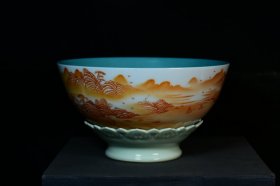 旧藏乾隆年制梵红釉山水人物转心碗,—