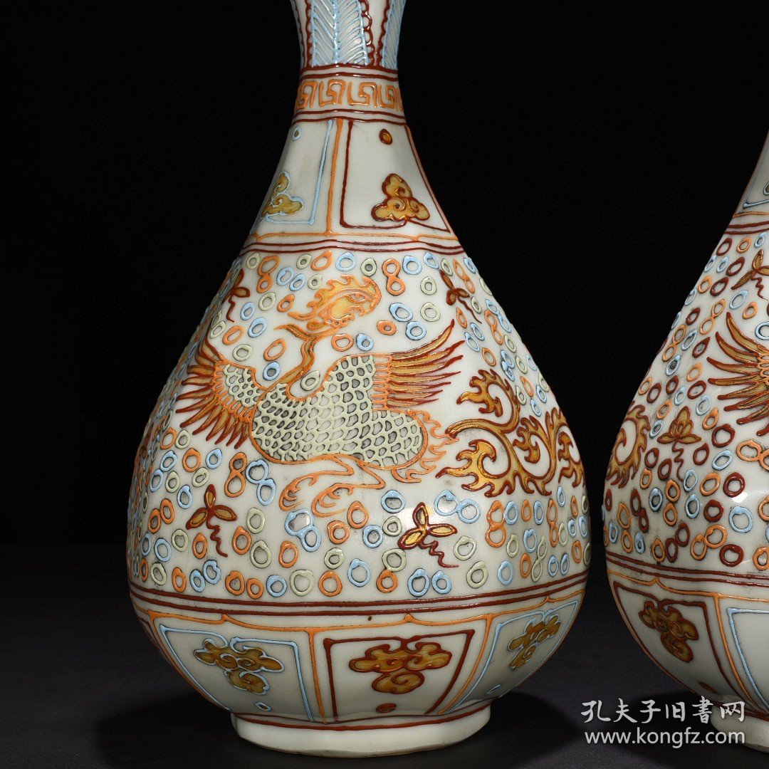 元沥粉描金凤纹八方玉壶春瓶 33*19厘米