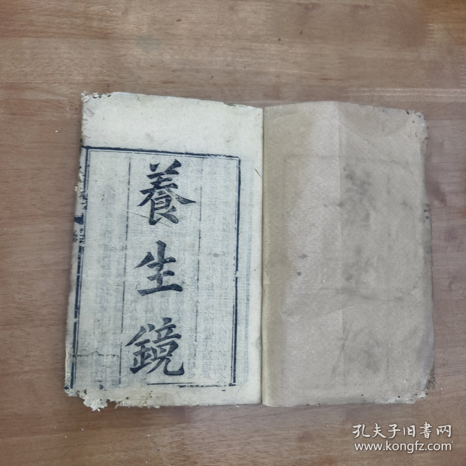 清代木刻医书，中医古籍《养生镜》，后附《痢疾论》，部分虫蛀破损如图
