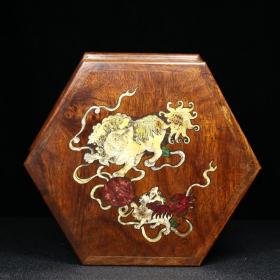 狮子滚绣球 花梨木镶贝壳六角开盒 木匣子