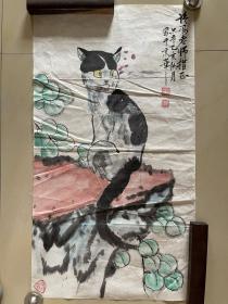 吴万盛花鸟画国画水墨动物猫咪字画书画竖幅纯手绘作品条幅无题有章款真迹保真