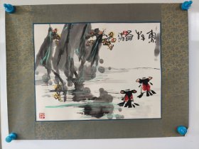 著名书画家王汝讷，水墨手绘金鱼一副，镜心旧裱，画心尺寸45x35厘米，保真包手绘