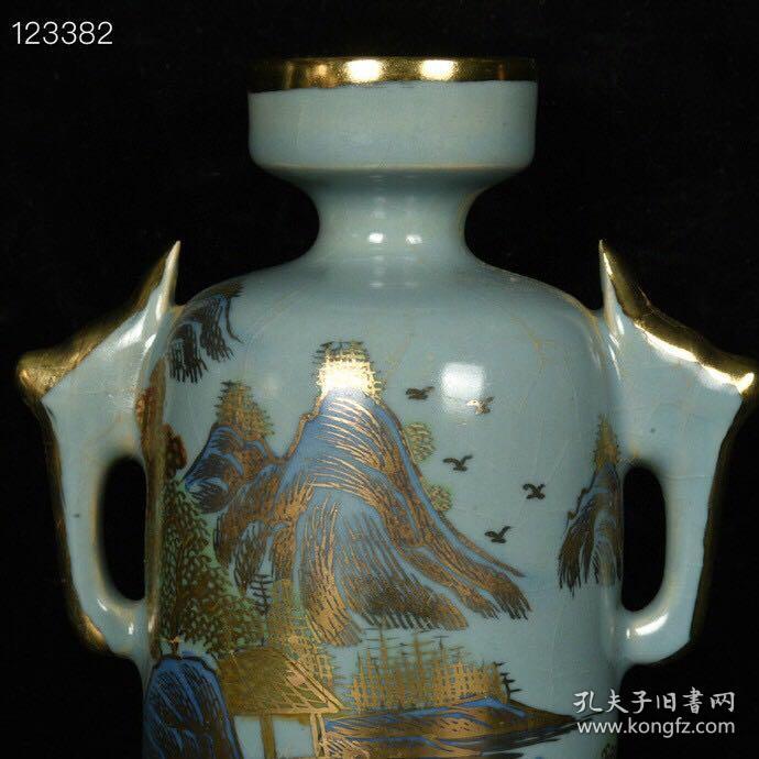 宋汝瓷崇宁元年清凉寺御制青釉加彩描金山水纹双耳盘口瓶