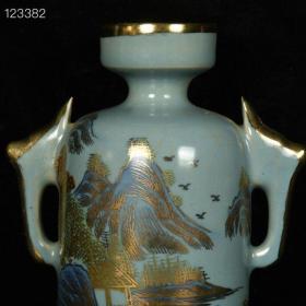 宋汝瓷崇宁元年清凉寺御制青釉加彩描金山水纹双耳盘口瓶