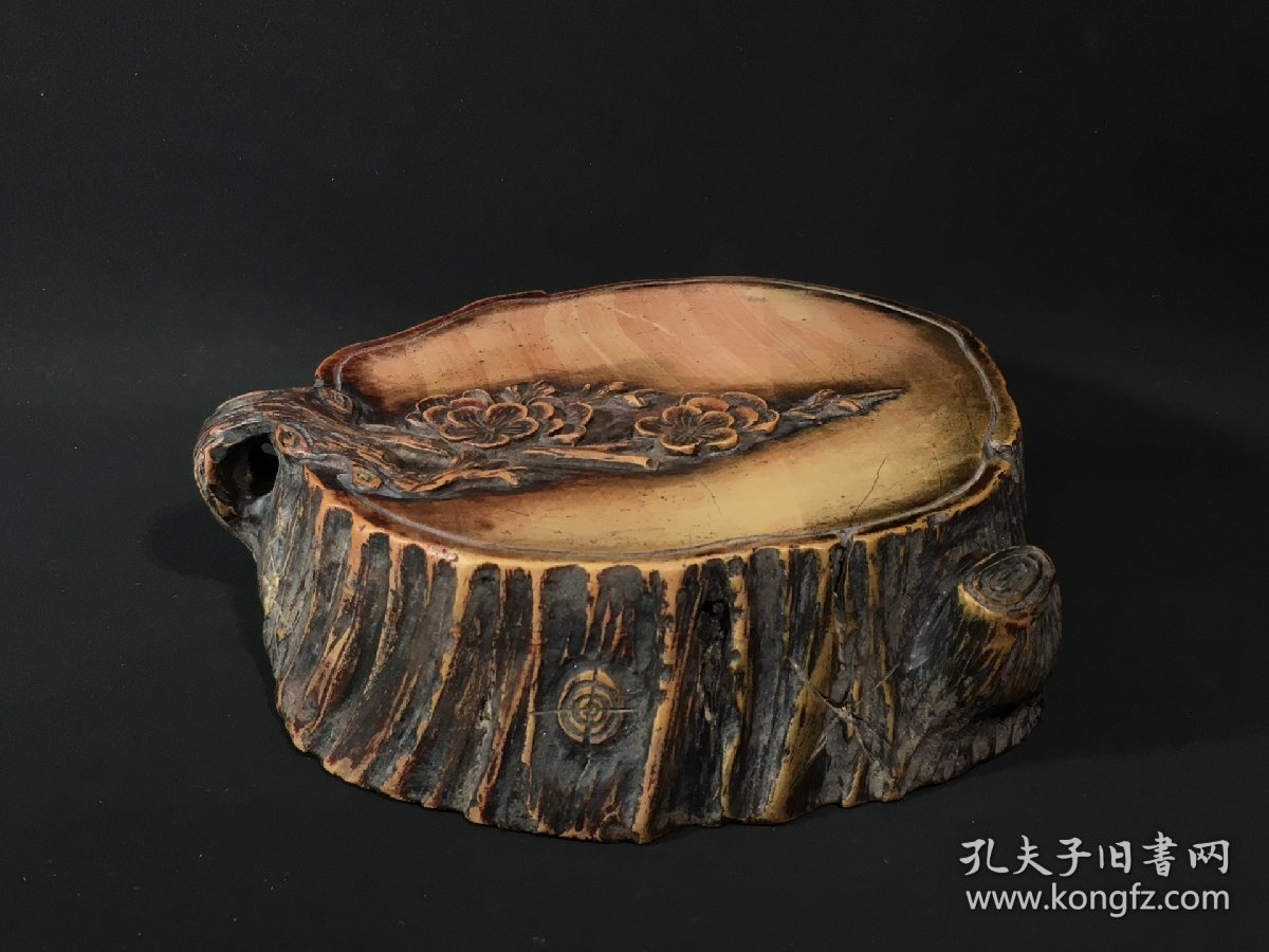 旧藏红丝砚 古木生花树桩款：水竹村人（徐世昌）