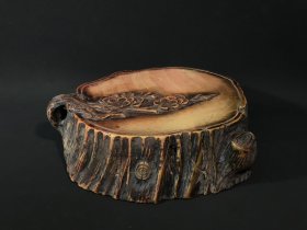 旧藏红丝砚 古木生花树桩款：水竹村人（徐世昌）