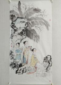 保真书画，当代人物画名家，李也青四尺整纸人物画，软片。李也青，生于湖北荆州，中国美院刘国辉教授中国人物画高研班深造。1997年中央美术学院王镛教授书画印创作研究方向访问学者。2007年策划中国艺术研究院冯远工作室并任人物画研究班班长。现为中国美术家协会会员，中国民主促进会会员，中国壁画学会会员，历任《中国写意》杂志主编，中国艺术研究院冯远工作室助理，湖北师范大学美术学院院长、教授、硕士研究生导师。