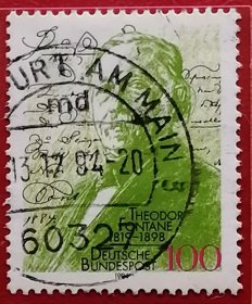 德国邮票 1994年 文学家作家诗人特奥多尔冯塔纳诞辰175周年 1全信销 （1819年-1898年）19世纪德国杰出的诗意现实主义作家，从1850年起以写作为职业，后来当过民谣诗人、1852年作为保守主义报纸《普鲁士》记者被派驻伦敦，采访过被俘的两广总督叶名琛，1861发表的《伯兰登堡漫游记》，主要是描写伯兰登堡的贵族生活和风土人情。1876年任德国艺术科学院秘书。