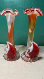山东淄博美术琉璃厂红色老琉璃花瓶装饰一对      玻璃工艺品桌面摆件