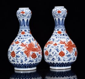 明宣德青花矾红凤纹蒜头瓶 31*17厘米