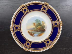 西洋欧洲古董盘手绘 英国制 1870年2月生产23cm 珠边钴蓝镶色