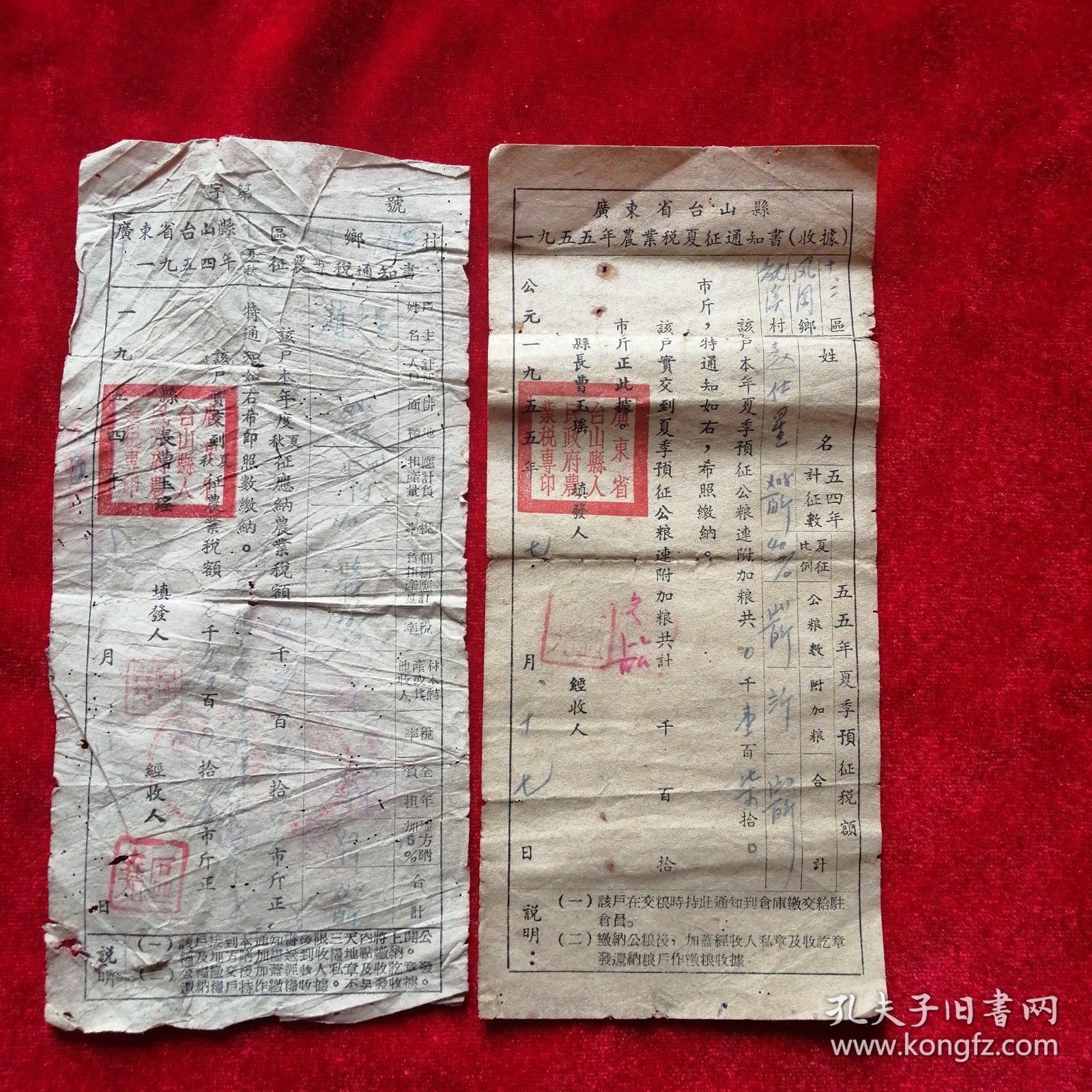广东省台山县一九五五年农业税夏征通知书（收据）两张合售
