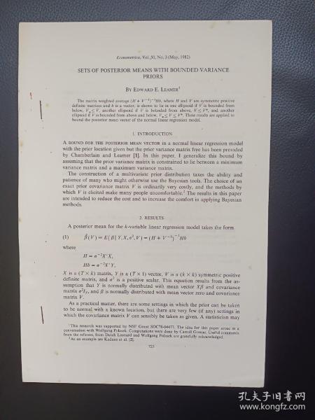 SETS OF POSTERIOR MEANS WITH BOUNDED VARIANCE PRIORS
 
BY EDWARD E.LEAMER

Econometrica, Vol.50, No.3 (May, 1982)