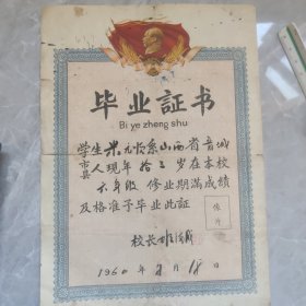 1960年高平县马村小学毕业证书