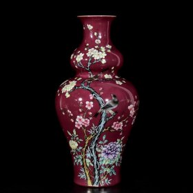 清乾隆胭脂红珐琅彩花鸟喜上眉梢葫芦瓶；37x18；