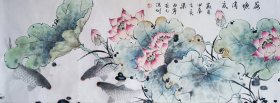 梁西宁 岭南著名书画家《荷塘清夏》荷花鲤鱼图国画 长160CM*宽60CM 原创纸本手工绘画