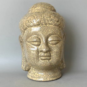 哥窑米黄釉金丝铁线佛头摆件