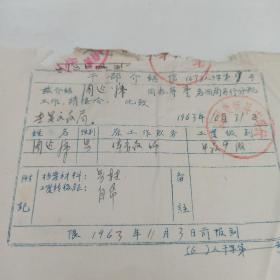 1963年 忻县中学 干部介绍信