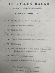 THE GOLDEN BOUGH 《金枝》詹姆斯·弗雷泽著 经典第三版 十一卷不全（缺第五卷二册） Macmillan出版 印刷地英国  实物现货