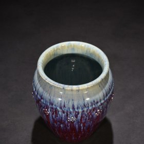 瓷器 清乾隆祭红耀变釉贴塑梅花纹小缸 18*15厘米