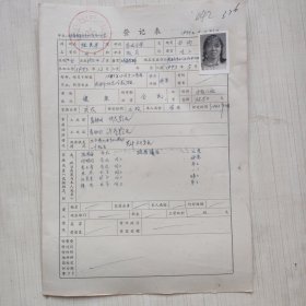 1977年教师登记表： 东风小学/ 东风人民公社 张美芳 贴有照片