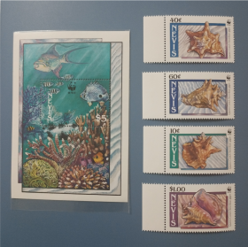 英属尼维斯群岛 1990年 世界野生动物基金会 WWF 女王凤凰海螺  4全新 ＋小型张