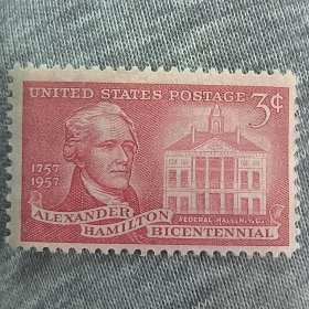 USA123美国邮票1957年历史名人人物 开国元勋/第一任财政部长/亚历山大 汉密尔顿/ 雕刻版外国邮票 新 1全 背贴 有印刷时自带的机器格栅压痕