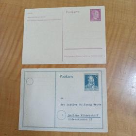 德国特殊历史时期德三邮资片2枚，印2位名人头像邮票，是外邮封片硬货。包邮！