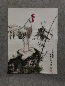 旧国画软片 鸡鸣盛世 原稿手绘真迹 画心软片尺寸46*34厘米