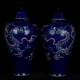 元霁蓝釉雕刻成吉思汗款云龙纹梅瓶 高50cm 直径28cm
