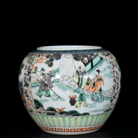 大清康熙年制五彩西厢记人物故事纹笔洗 尺寸21x24cm
