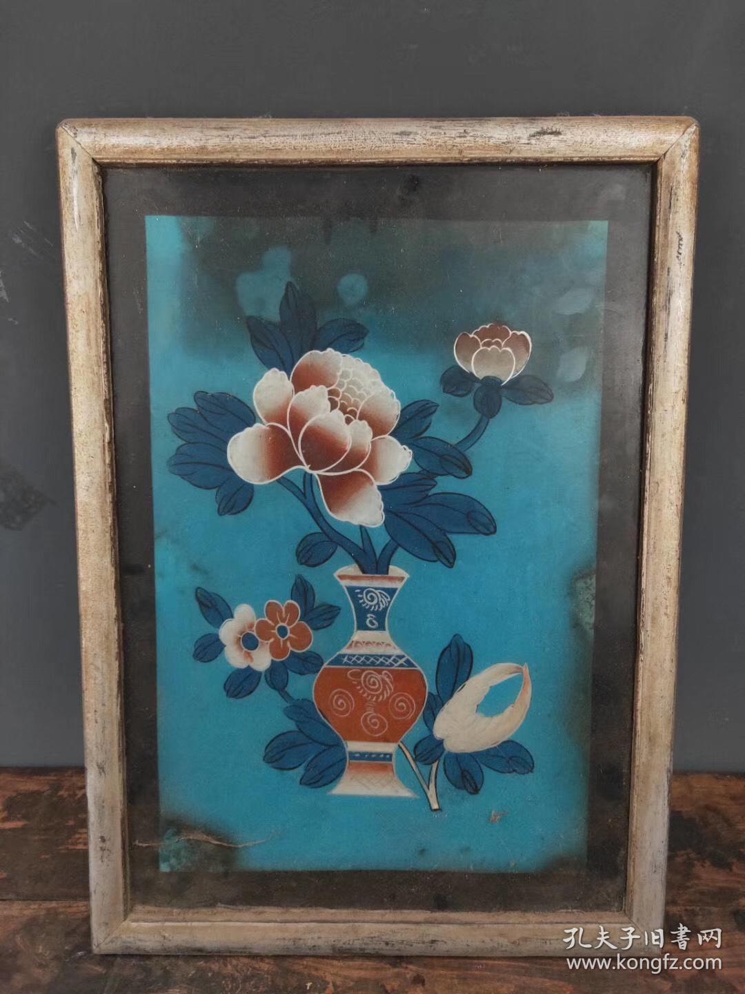 50~60年代玻璃画一个,纯手工绘画,包浆自然,保存完整,细节如图,包老