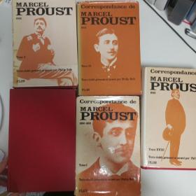 珍稀绝版! Correspondance de Marcel Proust 普鲁斯特书信集初版。一版一印。21卷中的5卷。法语 法文 原版。Philip Kolb主编，耗数十年编篡完成，十分具有研究和收藏价值。这5卷中，前两卷是童年和青年时期；第4卷1904年是研究罗斯金的重要时期；第5卷1905年冬季母亲去世，收录许多感人肺腑的信件；第18卷1919年是获得龚古尔文学奖那一年。可分开买。