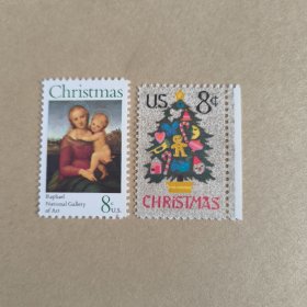 USA113美国邮票 1973年圣诞节.圣诞树 新 2全 一枚票左上折齿