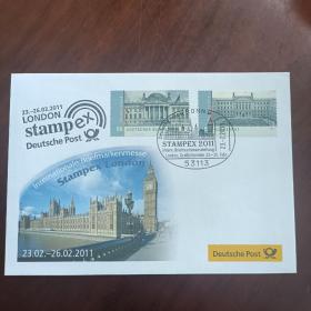 F1825外国信封 2011年伦敦国际邮展纪念封 贴德国欧元邮票 2009年 联邦参议院广场等古建筑 2全