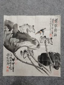 四川名家 何老 周老合作 旧国画软片 花鸟 荷塘雅韵 原稿手绘真迹（画心软片尺寸53*49厘米）