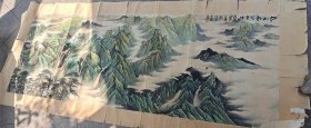 当代上海文化名人[洪发]老师1998年创作的大幅青绿山水画《江山如此多娇》，品像已不佳，重裱一下后面貌将焕然一新了。