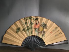 名家手绘檀木手绘人物折扇，扇面展开宽61厘米，长30厘米