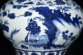 元波斯文青花萧何追韩信人物故事纹荷叶盖罐一对【36×35cm】