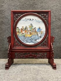 精品 花梨木四方框架镶粉彩人物圆形瓷板画竖插座屏！ 《八仙过海》 收藏送礼佳品
