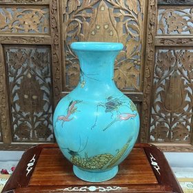 日本瓷器 松石釉手绘花瓶花入 摆件#10093
