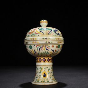 明宣德五彩描金鱼藻纹兜尊 21*13.5厘米