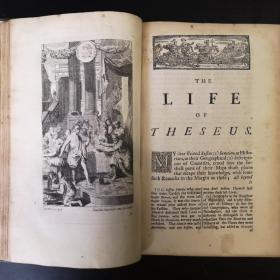 1727 Plutarch's Lives《希腊罗马名人传》普鲁塔克著，八卷全。可能是最早的英译版本。珍贵早期英文印刷品，八卷齐全非常难得。58幅整页铜版画和一些文本间的木刻版画。《蒙田随笔》中对本书推崇备至，评价极高，莎翁名剧也有不少取材于此。部分牛皮精装。开本20cmx13.5cm。