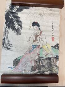 吴豫莲伉俪合绘仕女软片，保真，52.5x28cm。谈云观（1909-2001），号霞客，有“骑鹤看世界”之谓，又称“虚白斋主”。原籍江苏常州，后寓上海，九十三岁仙逝。他是一位全面的杰出画家。与张大千、吴良澎、胡小石、汪采白、吕凤子等同门，活跃于南岳、北京、南京、四川遍及港澳与海外。忙中得闲常与老友唐云、程十发、王康乐、同乡吴青霞、谢稚柳等交流画艺