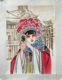 中美协京剧人物花旦2，藏品级别，纯手绘，工笔人物画，假一赔万。尺寸:45*70cm，画家:中美协会员-冯安娜，京剧人物开脸惊艳，颜色搭配大气端庄，适合:客厅，书房，卧室，玄关，茶室等都可悬挂。