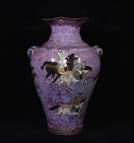 宋建窑供御款窑变釉骑马纹兽耳花口瓶，高32×21厘米