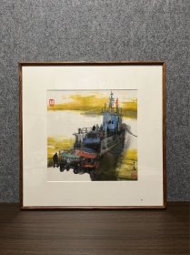 丁涛画家檀香实木框三尺斗方航海画港湾画水墨帆船国画作品船舶油画风格写意画码头意境画带框大红袍画家丁涛国画作品