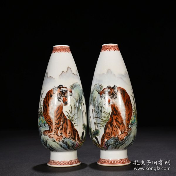 民国珠山八友毕渊明粉彩老虎纹瓶 21*9厘米