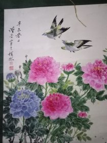 旧画一幅鸟儿牡丹图陆谨言绘原装原裱秀丽典雅64×46cm品如图