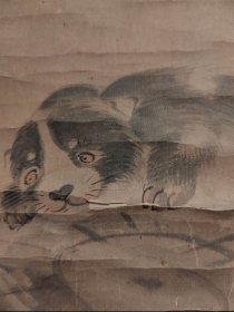 长泽芦雪（1755~1799）小犬图 手绘 茶挂 南画 日本画 挂轴 国画 文人画 古笔 文人茶室